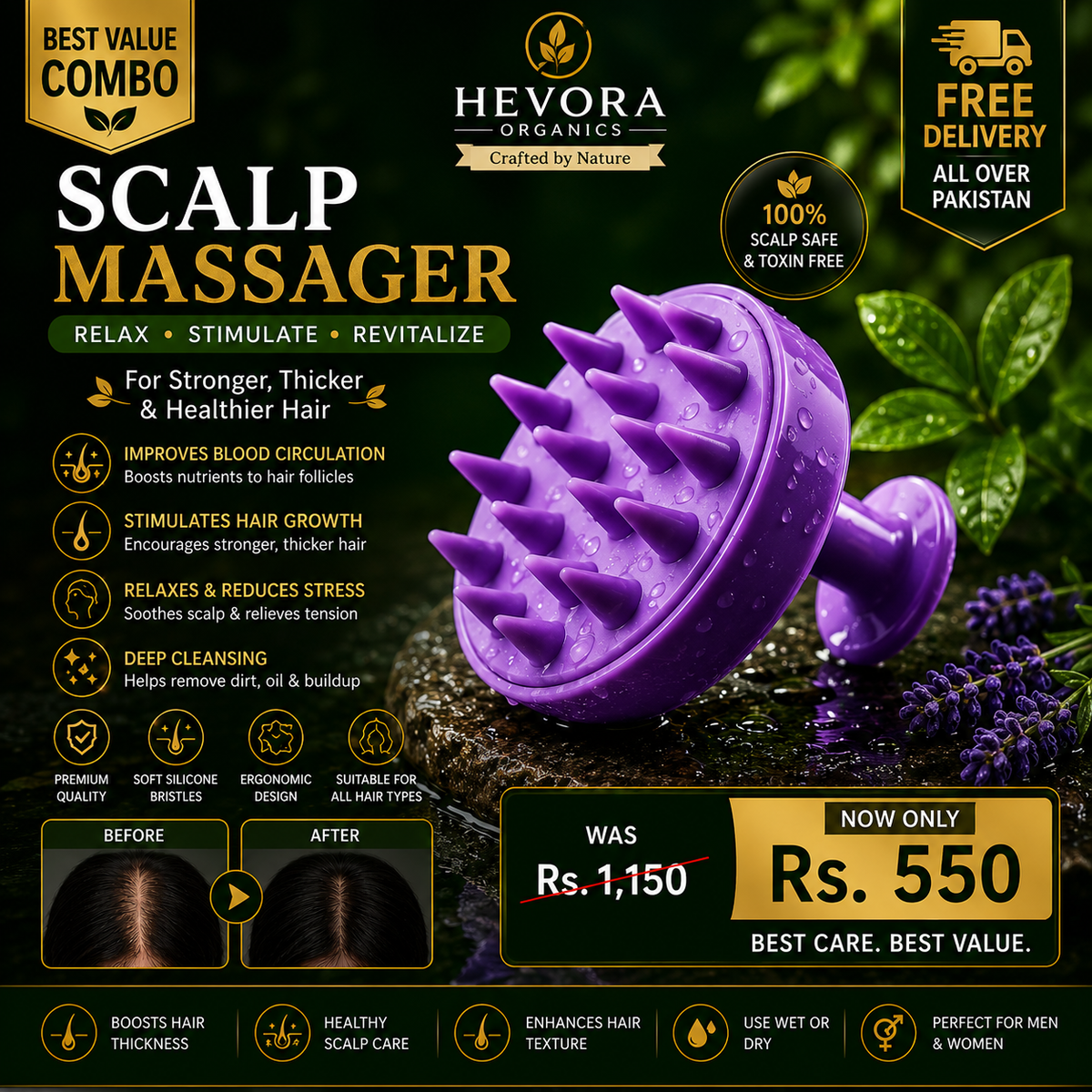 Hevora Organics Scalp Massager - Soft Silicone for Hair Growth and Deep Cleansing