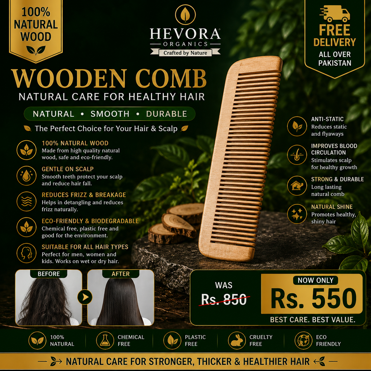 Hevora Organics Wooden Comb - Natural Smooth Durable Before After