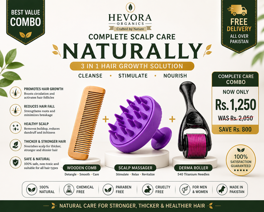 Hevora 3-in-1 Scalp Care Combo - Wooden Comb + Scalp Massager + Derma Roller