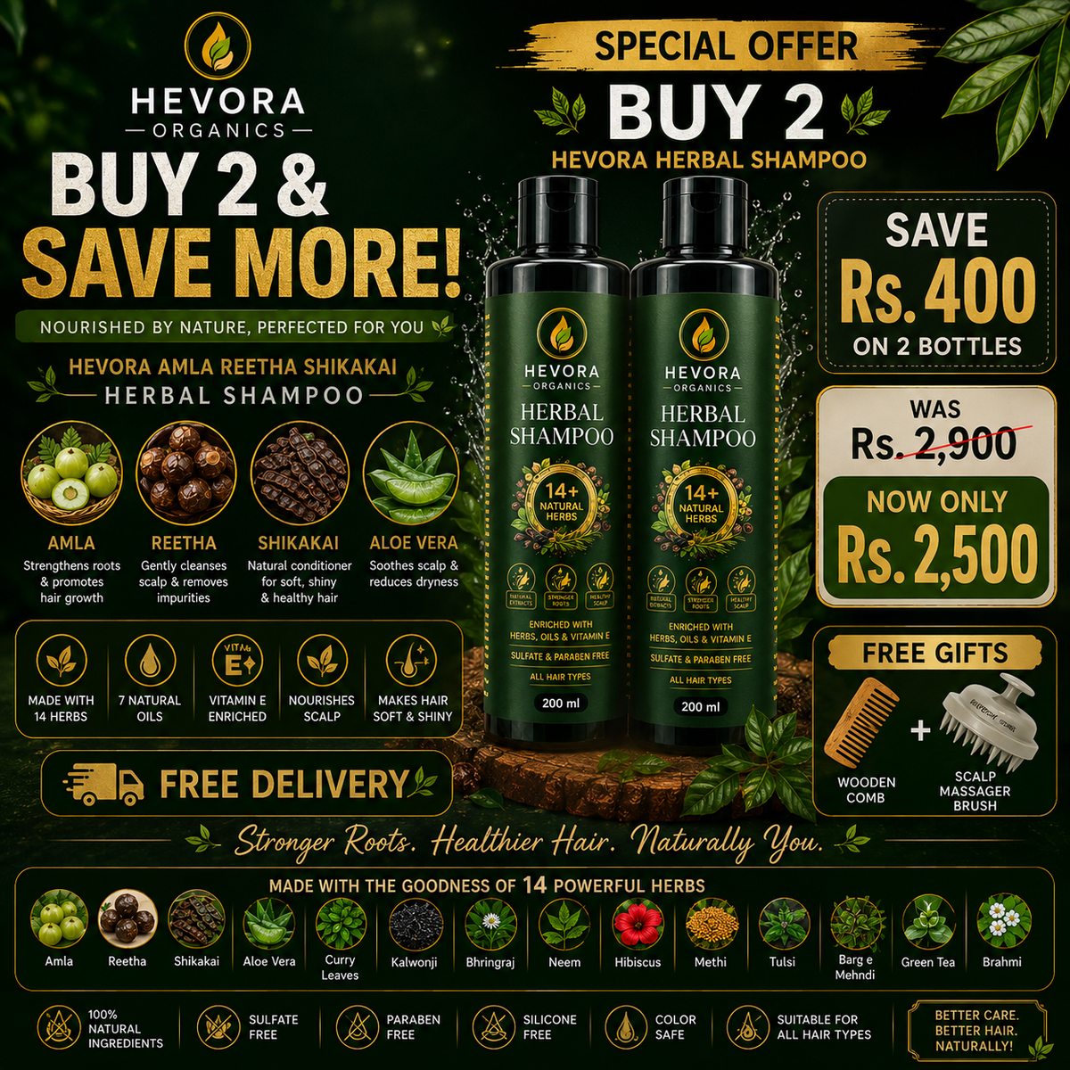 Hevora Organics Buy 2 Herbal Shampoo Bundle – Save Rs.400 + Free Wooden Comb & Scalp Massager